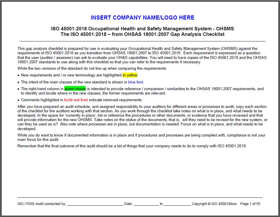 OHSAS 18001:2007 to ISO 45001:2018 Gap Analysis Checklist